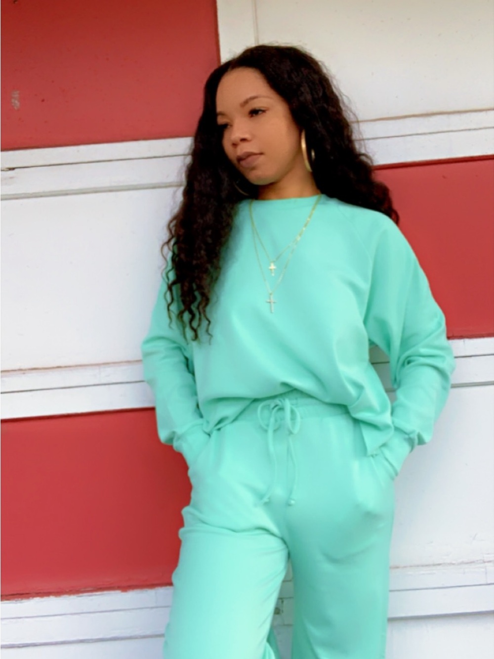 Mint Green Loungewear Set - Cozy Sweatshirt & Drawstring Pants XL